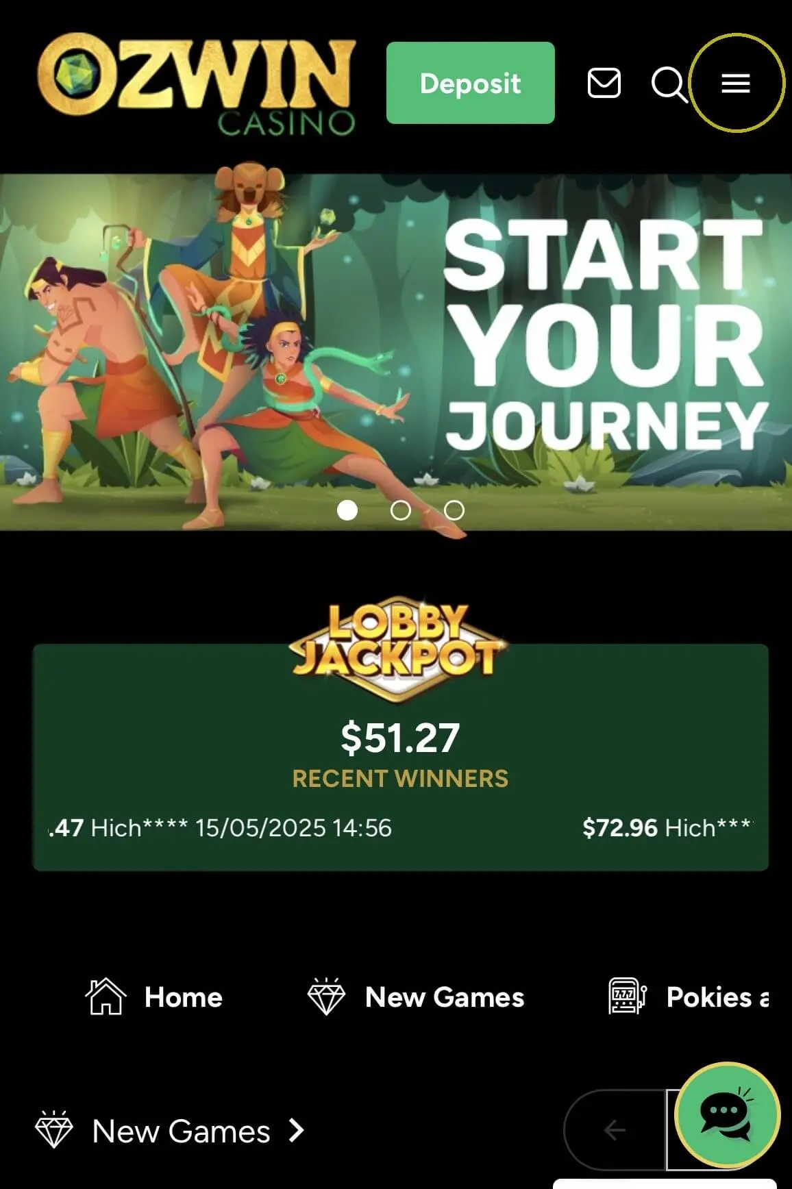 Ozwin Casino app homepage with jackpot amount, deposit button, and menu icons displayed