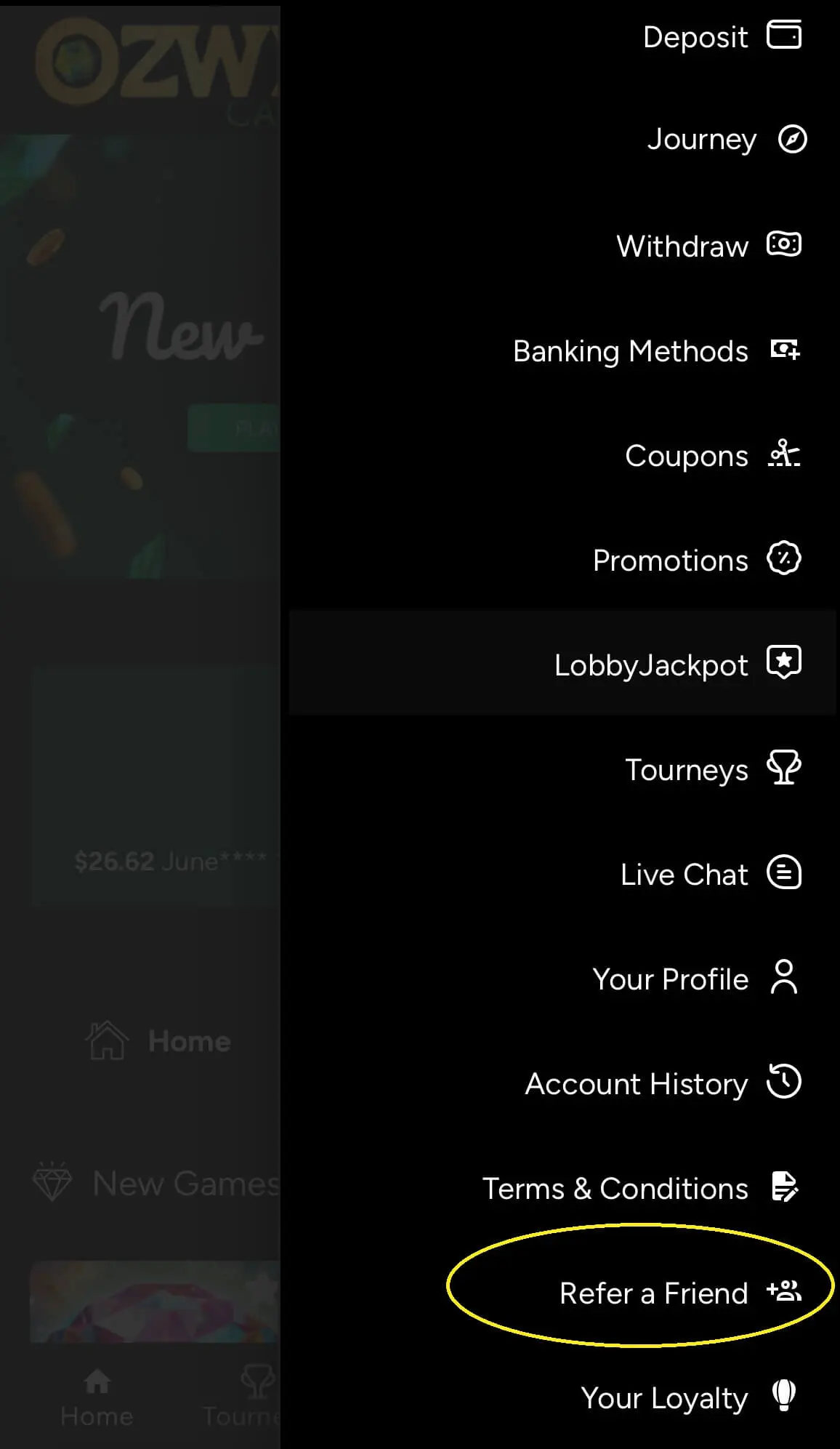 Sidebar menu of Ozwin Casino app showing various navigation options like Refer a Friend and Withdraw.