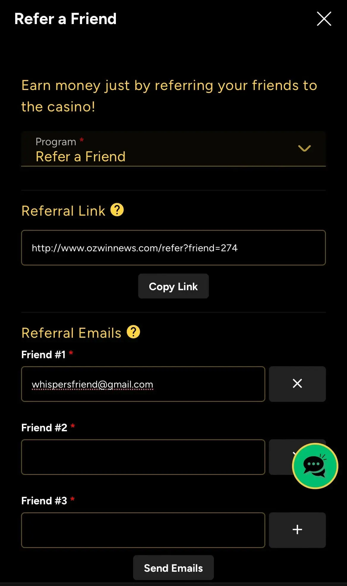 Referral form on Ozwin Casino app allowing users to send invite links and emails to friends.