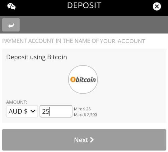 Bitcoin Deposit Option in the Ozwin Cashier
