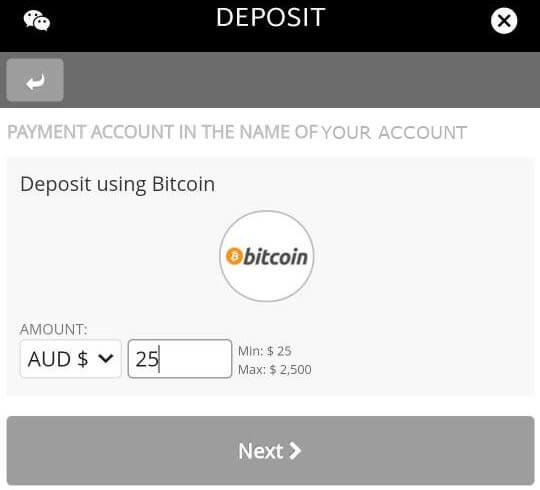 Bitcoin Deposit Option in the Ozwin Cashier
