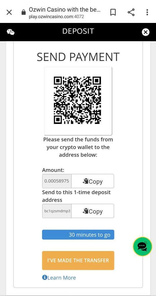 Crypto address and QR code generated in the Ozwin Cashier