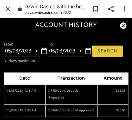 successful deposit in the Ozwin account history