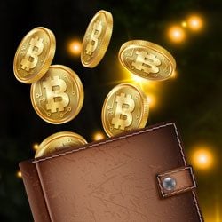 brown wallet with golden Bitcoin coins coming out