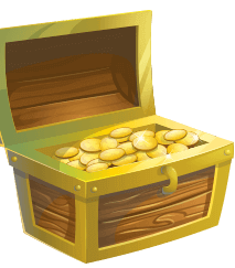 Open gold framed treasure with a pile of coins in it. 