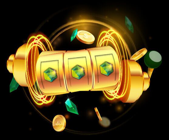Golden slot reels with green gemstones icons in a row, coins flying around