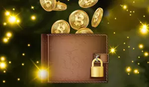 brown wallet with bitcoins coming out but with a golden lock in front