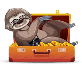 Tourist player level, sloth sitting in a suitcase full of gold coins
