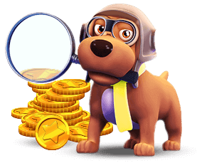 Pathfinder player level, dog with flying glasses and a magnifier next to a pile of golden coins