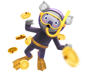Adventurer player level, koala in diving gear with gold coins floating around