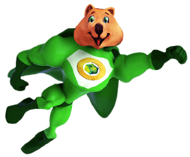 Hero player level, platypus with green hero suit Ozwin logo on his chest