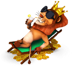 Absolut legend player level, Lion wearing sunglasses with crown on its head a drink in his hand chilling on a pile of coins