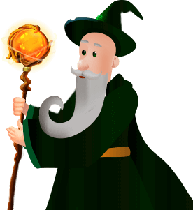 Ozwin wizard with green robe and a long grey beard holding a golden magic wand