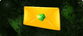 golden envelope with green gem stone and dark green background, email us